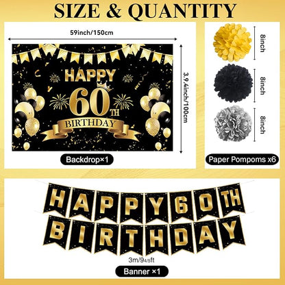 60th Birthday Decorations for Men Women | Pre-Strung Black Gold Happy Birthday - Image 6