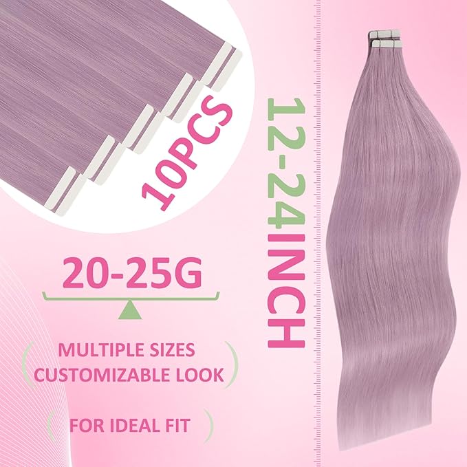 YoungSee Purple Tape in Human Hair Extensions Lavender Human Hair Tape in Extensions Light Purple Tape Extension Remy Hair 16In 10pcs Invisible Tape-ins Extension Colorful 25g For Diy