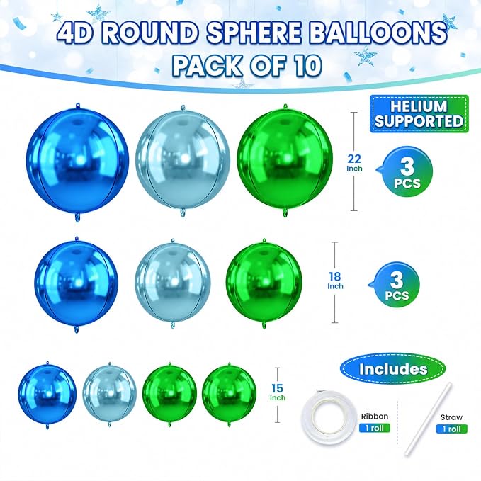 Blue and Green Round Foil Balloons, Metallic Light Blue and Green Foil Baloon - Image 2