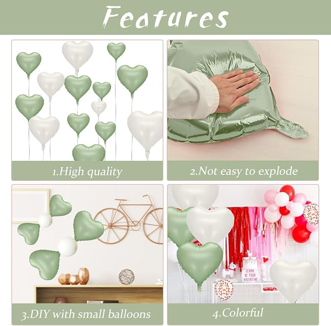 Sage Green White Heart Balloons, 18inch Olive Green Cream White Heart Shape - Image 4
