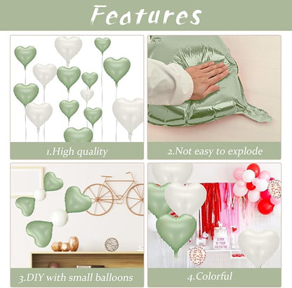 Sage Green White Heart Balloons, 18inch Olive Green Cream White Heart Shape - Image 4