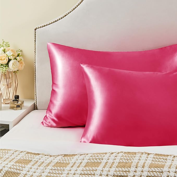 BEDELITE Satin Pillowcase with Zipper, Hot Pink King Size Pillow Cases Set of 2, Super Soft and Cooling Similar to Silk Pillow Cases, Gift for Women Men(20x36 Inches)