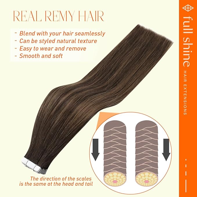 Full Shine Tape in Hair Extensions Human Remy Hair 18 Inch 40 Pcs 100g Dark Brown to Ash Brown and Dark Brown 2/8/2 Tape ins Seamless Natural for Bridal Daily Wear Double Sided