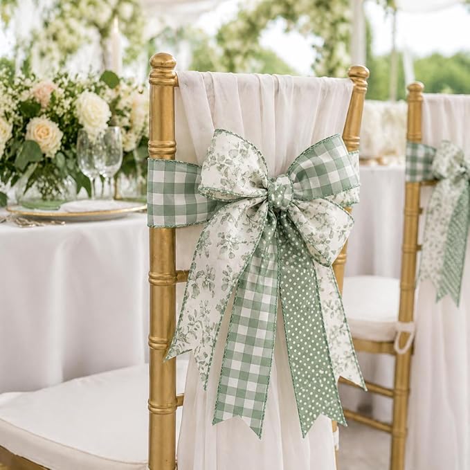 Sage Green Wired Ribbon, 4 Rolls 2.5 Inch Decorative Gingham Ribbon - Image 5