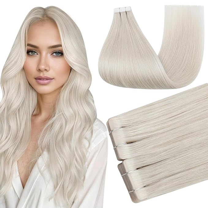 Full Shine Hair Extensions Real Human Hair Tape in Color 1000 Tape in Extensions Human Hair Injection Seamless Skin Weft Soft Straight Extension No Damage 50G 20Pcs Daily Office Look 20Inch