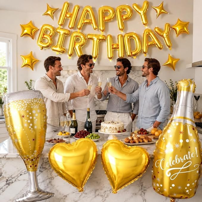 Gold Happy Birthday Balloons Banner, Star Heart Balloons, Champagne Bottle - Image 3