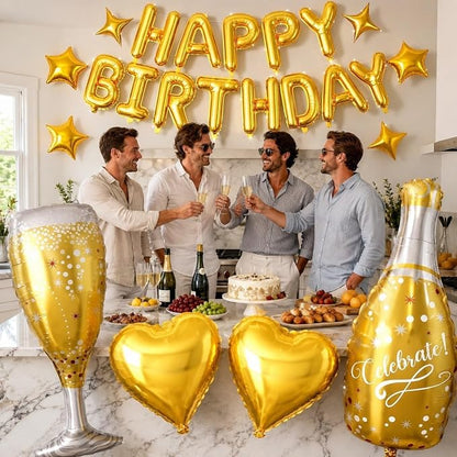 Gold Happy Birthday Balloons Banner, Star Heart Balloons, Champagne Bottle - Image 3