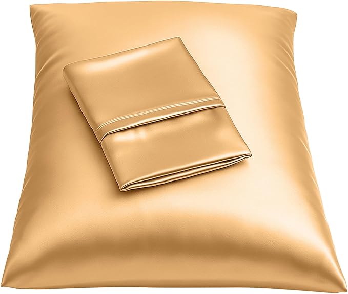 BLISSFORD Satin Pillowcase with Zipper, for Hair and Skin Care, Feels Soft and Cool Like a Silk Pillowcase, Gold Satin Pillow Cases 2 Pack, Slik Pillow Cover, Standard Size - Set of 2