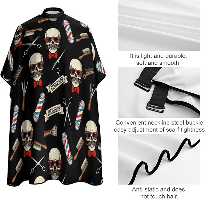 Salon Haircut Capes Cool Funny Skull Tools Vintage Barber Shop Hair Dress Apron Cloak, Adjustable Hairdresser Apron for Hairstylists, Easy Clean