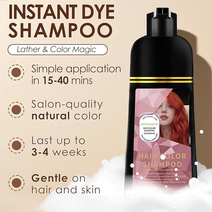 Hair Dye Shampoo, 3 in 1 Gray Hair Coverage, One-Step Wash-In Hair Dye, Shampoos for Color Treated Hair, Semi Permanent Hair Color Shampoo for Women & Men, 13.6 fl. oz, Orange-Red