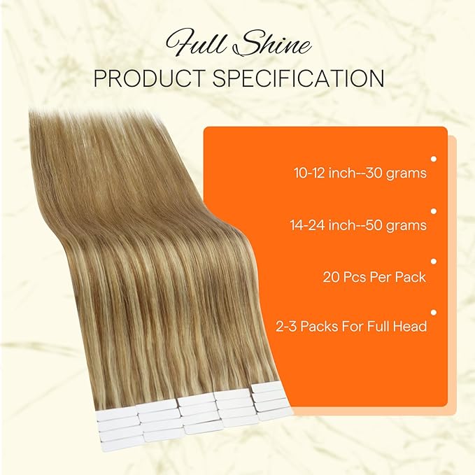 Full Shine Invisible Tape in Extensions Human Hair Color 10 Golden Brown and 16 Golden Blonde to 16 Blonde Balayage 20 Inch Seamless Hair Extensions Real Human Hair Tape in 50 Grams 20 PCS for Party