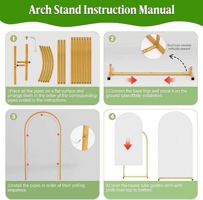 Arch Backdrop Stand and Cover Set, 6.6 x 3.3FT Gold Metal Wedding Arch - Image 6