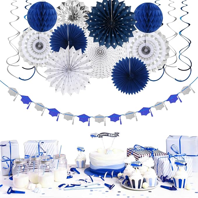 Navy-blue Silver Party-Decorations Graduation Banner-Streamers - Image 6