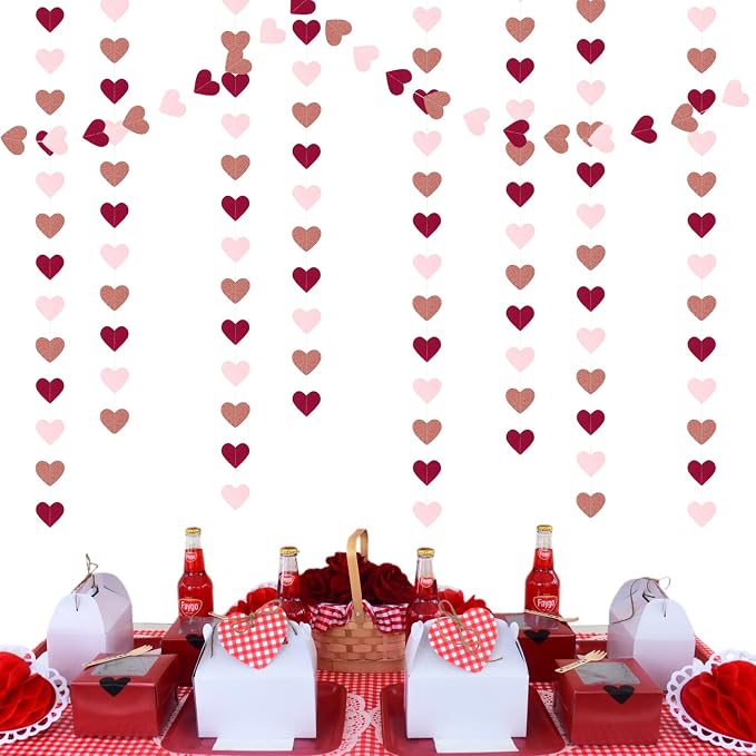 Burgundy-Red Rose-Gold Valentines Party-Decorations Heart-Garland - 52ft Pink - Image 5