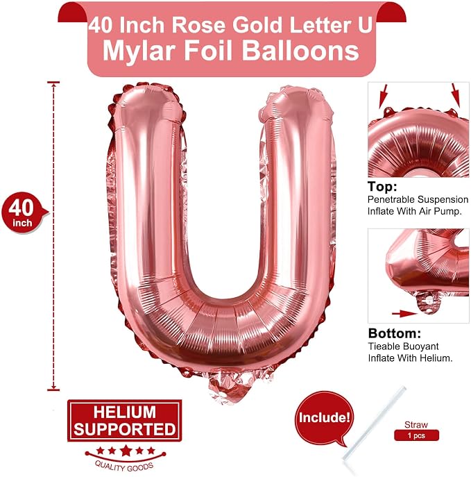 Lovoir 40 Inch Large Rose Gold Letter U Balloons Big Size Jumbo Mylar Foil - Image 2