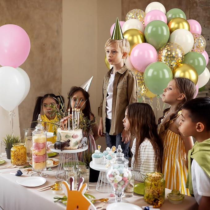 Paready Pink and Green Balloons, 12 Inch Metallic Gold Confetti Avocado Green - Image 8