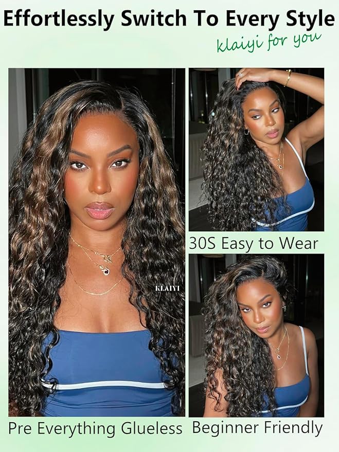 KLAIYI Golden Brown Water Wave Bye Bye Knots Glueless Wig Human Hair Highlight 7x5 Precut Lace Front Pre Plucked Bleached Ombre 3S Ready to Wear Go Beginners Wig with Dark Roots Deep Curly Wave 22Inch