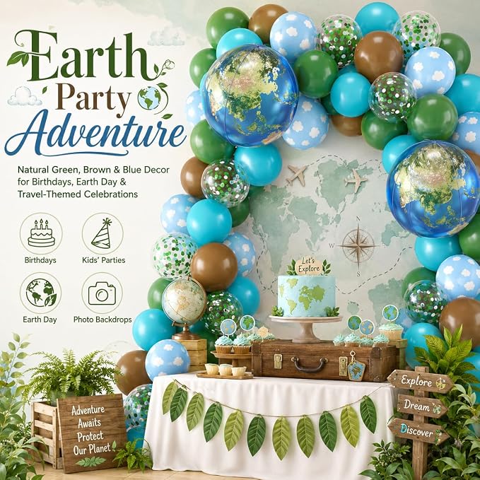 Earth Balloons, 12 Inch Green Brown Blue Cloud Print Balloons - Image 6