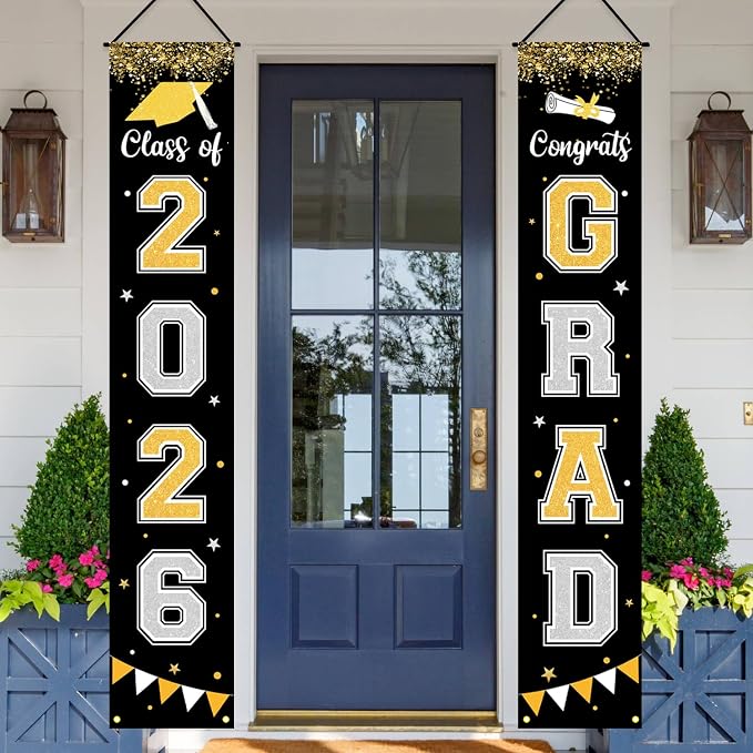 Graduation Decorations 2026 GRAD Banner Black Porch Door Sign Welcome Banner - Image 2