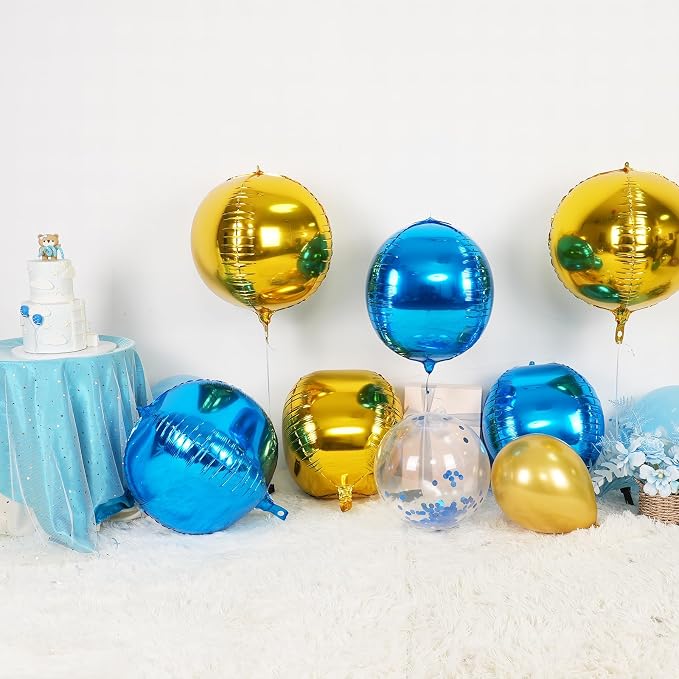 6Pcs Blue Gold Round Foil Balloons, Giant 4D Round Ball Balloon, 22 Inch - Image 3