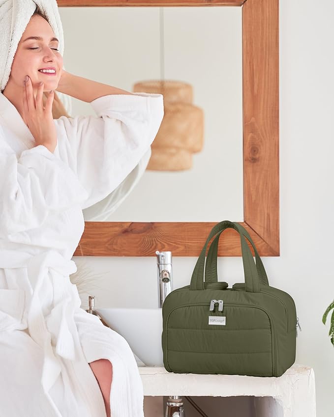 TOPDesign Travel Toiletry Bag for Women, Puffer Large Toiletry Bag, Lightweight Cosmetic Makeup Organizer with Handle for Traveling, Accessories, Essentials, Toiletries (Dark Green)