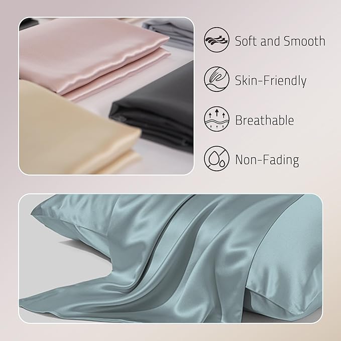 Mulberry Silk Pillowcases Set of 2, Both Sides Real Silk Pillow Covers for Hair and Skin Prevent Acne Pillowcase Organic Silk Pillowcase 2 Pack with Hidden Zipper, Haze Blue, King (20"×36")