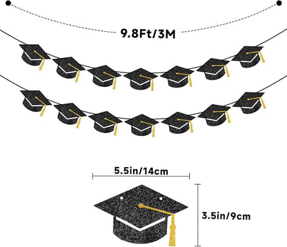 jijAcraft Black Gold Graduation Cap Banner, Glitter Grad Garland, 2 Pack 9.8ft - Image 2