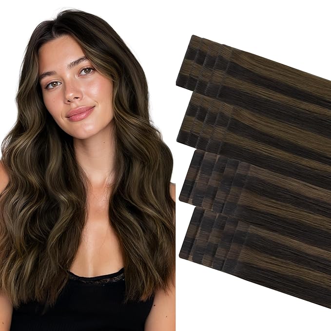 GOO GOO Invisi Edge Tape in Hair Extensions Human Hair, 2/6 Dark Brown Highlighted Chestnut Brown 10pcs injected with 10pcs classical tape ins, 20inch 50g, Virgin Remy Hair, Natural Look