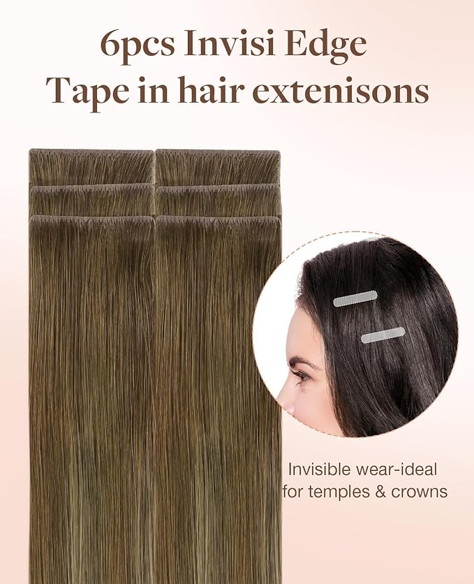 GOO GOO Invisi Edge Tape in Hair Extensions Human Hair, 3/8/613 Balayage Walnut Brown to Ash Brown and Bleach Blonde, 6pcs 22inch 18g, Virgin Remy Hair, Seamless Injected Tape, Natural Look