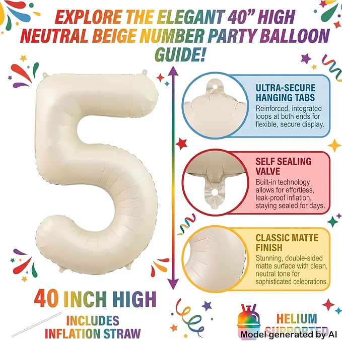 40 Inch Cream Foil Number 5 Balloon - Image 2