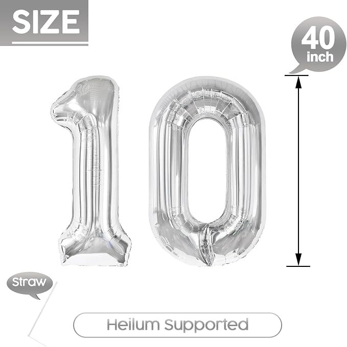 10 Balloon - Silver Birthday Number Balloons, 40 Inch Decorations Men Women | - Image 5