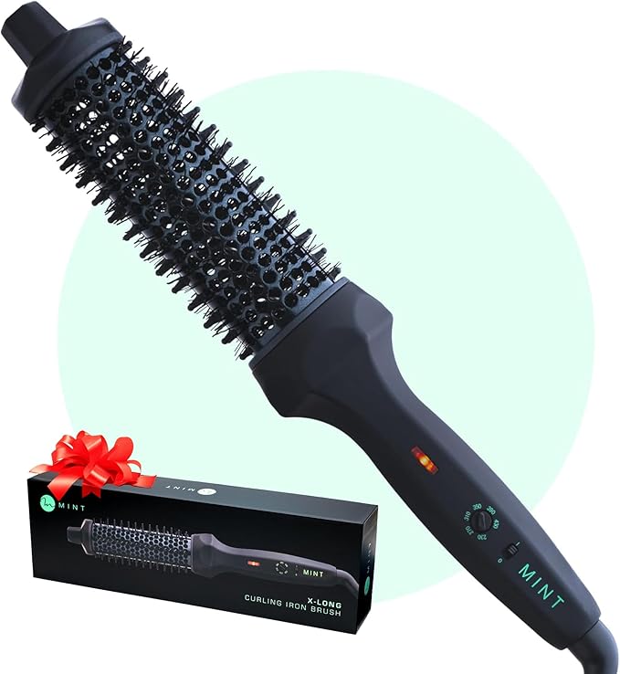 MINT Extra-Long 1.6 Inch Thermal Brush for Natural Volume & Waves | 230-430°F 2-Heater Ceramic Curling Iron Brush | Heated Round Styler