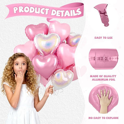 Pink and Silver Heart Balloons, 18 Inch Metallic Glitter Stars Foil Balloons - Image 3