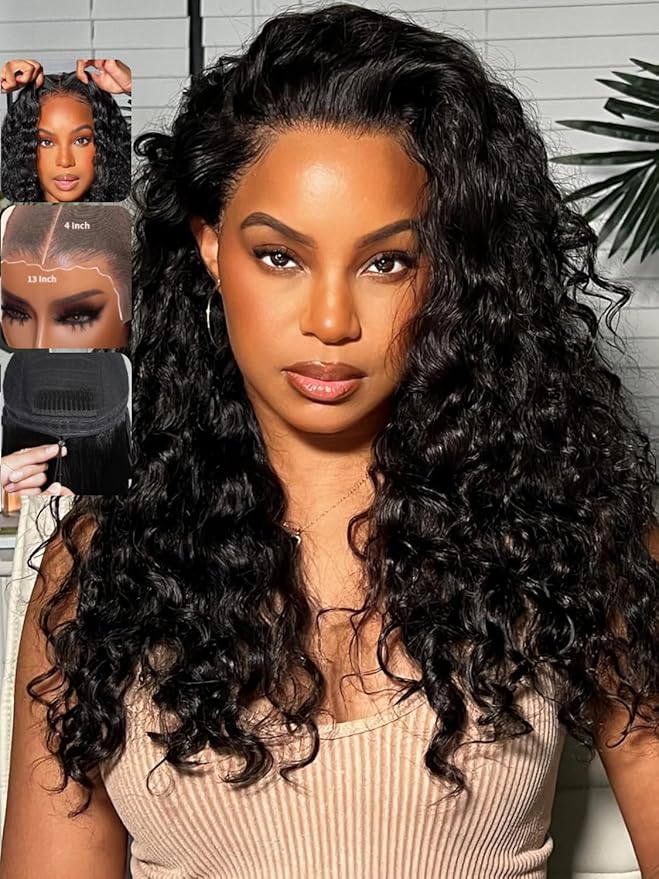 KLAIYI Water Wave Pre Everything Glueless 13x4 Lace Front Wigs Human Hair Precut Lace Pre Plucked Pre Bleached Bye Bye Knots Curly Wear and Go Beginners Wig with Drawstring 30S Ready to Wear 16Inch
