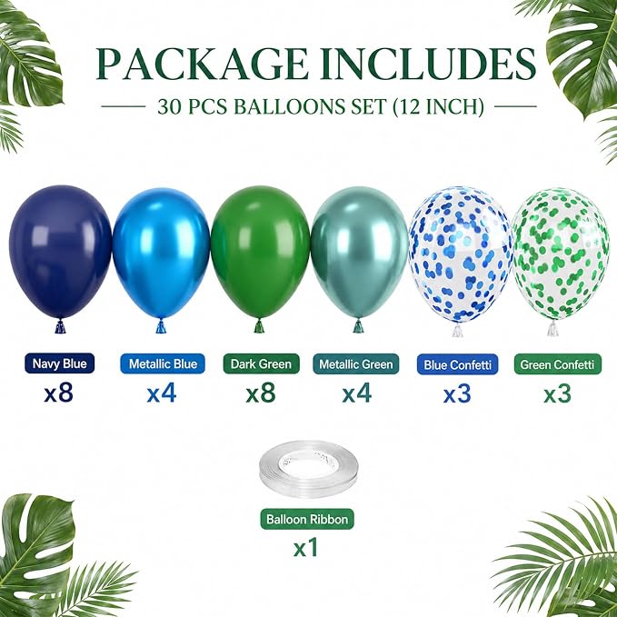 Blue and Green Balloon Set, 12 Inch Navy Blue Dark Green Balloons Metallic - Image 2