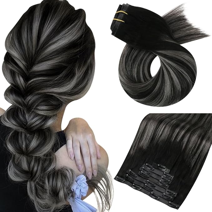 Moresoo Seamless Clip in Hair Extensions Human Hair Black And Grey Silver Ombre Human Hair Extensions Clip ins Long for Women Pure Weft Invisible 120g/7pcs 22 inch