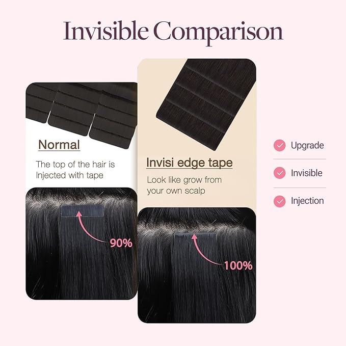 GOO GOO Invisi Edge Wide Tape in Hair Extensions, 1B Natural black,4pcs 20inch 20g, Remy Human Hair,Seamless Injected Tape, Natural Look