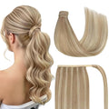 Ve Sunny Hair Extensions Ponytail Real Human Hair Wrap Around Clip in Ponytail Hair Extensions Straight Extensions Human Hair for Women Dark Blonde Highlights Golden Blonde 16inch 80G