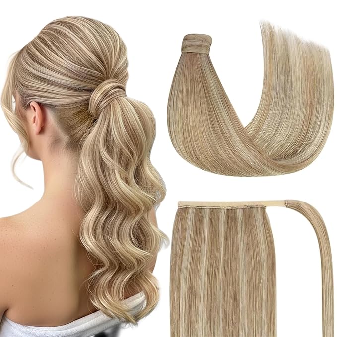 Ve Sunny Hair Extensions Ponytail Real Human Hair Wrap Around Clip in Ponytail Hair Extensions Straight Extensions Human Hair for Women Dark Blonde Highlights Golden Blonde 20inch 80G