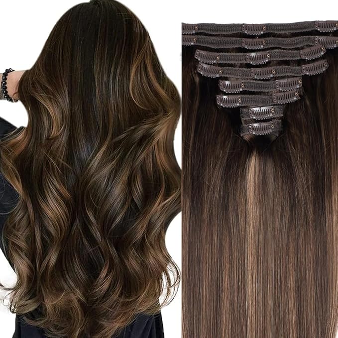 Straight Clip In Hair Extensions Real Human Hair 8Pcs Clip In Balayage Dark Brown to Chestnut Brown Human Hair Extensions with 18Clips Lace Weft 120g 24inch
