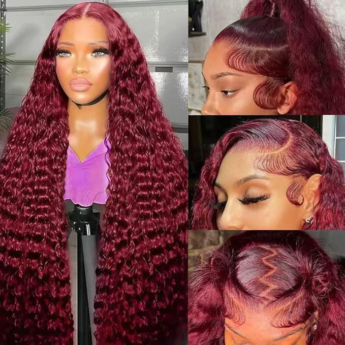 36 Inch Burgundy Wig Human Hair 13x6 Deep Wave Lace Front Wigs Human Hair 200 Density 99j Burgundy HD Lace Front Wigs Pre Plucked Red Frontal Glueless Deep Wave Wig for Women