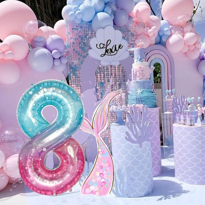 Purple Teal Number 8 Balloons, 40 Inch Giant Mermaid Starry Mylar Foil Number 8 - Image 8