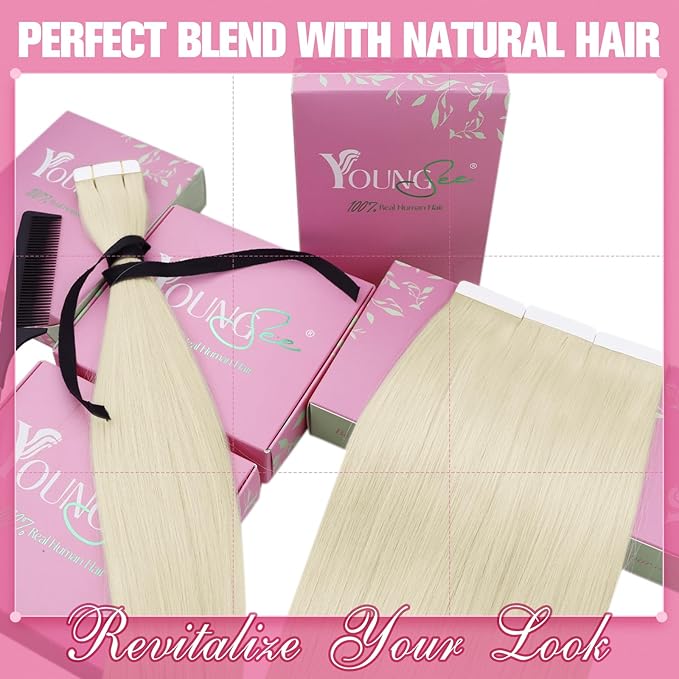YoungSee Human Hair Tape in Extensions Platinum Blonde Tape in Hair Extensions Human Hair Platinum Blonde Invisible Tapes in Hair Extension 20pcs 16 Inch for Adding Hair Length 50g