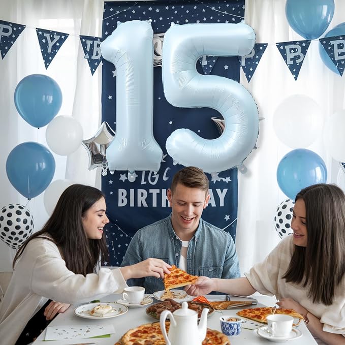 15th Birthday Balloons for Boys, Pastel Sky Blue Large Helium Mylar 15 Balloon - Image 4