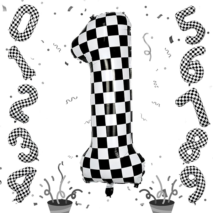 Checkered Number Balloon 1, Large Self Inflating Black and White Number 1 by Isndare
