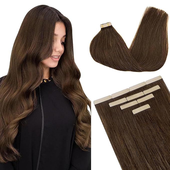 DOORES Tape in Human Hair Extensions Chocolate Brown Straight Remy Hair Extensions Natural Hair Extensions Skin Weft 24 Inch 10pcs 30g Tape Hair