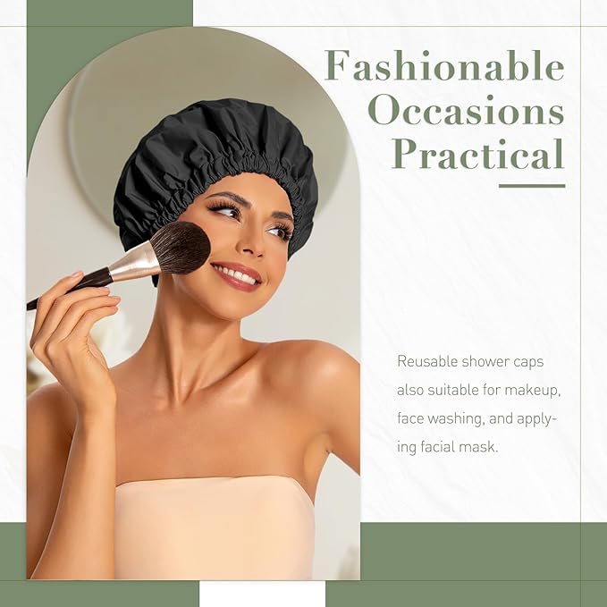 Reusable Shower Cap for Women, Large Waterproof Shower Bonnet Washable Elastic Band Bath Accessories Hair Hat for Long Hair, Braids(Black&Green)