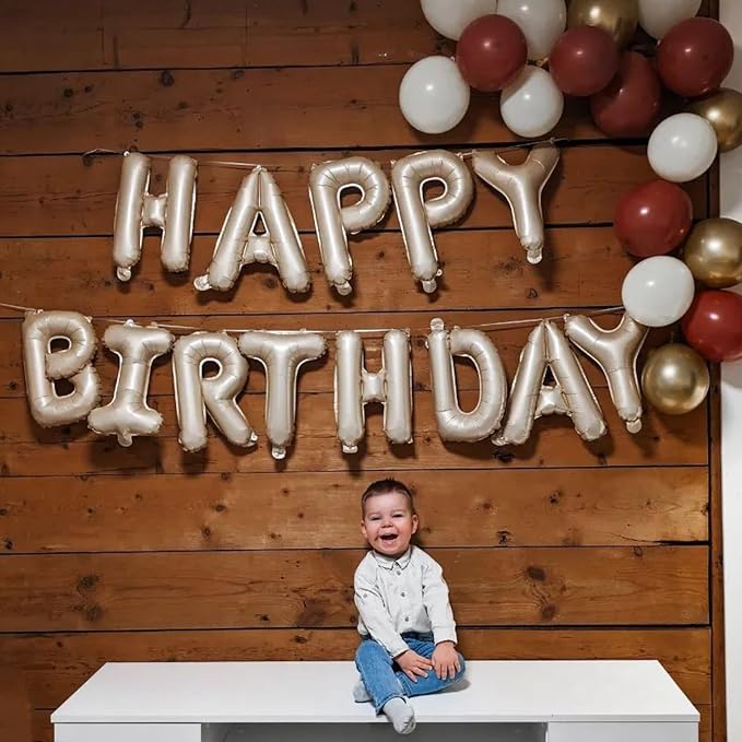 Happy Birthday Balloons Banner Beige, 16 Inch Cream White Foil Letters Birthday - Image 6