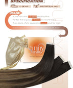 Sunny Hair Tape in Hair Extensions Human Hair Remy Hair Extensions Tape in, 24inch Black Brown Balayage Ash Blonde Tape in Human Hair Extensions Add Length for Wedding 20Pcs 50g