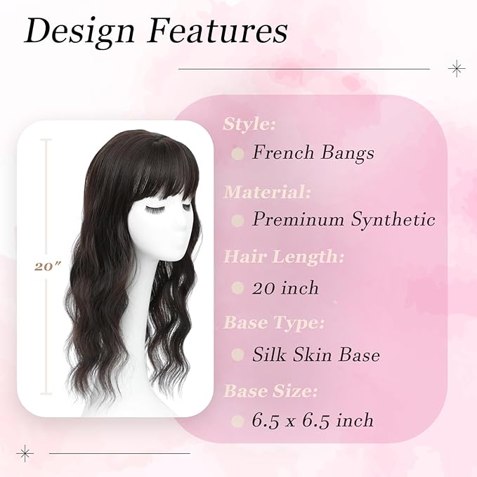 Hair Topper, 360° 3D Hair Toppers for Women with Thinning Crown, 20 Inch Long Wavy Curly Hair Pieces Clip in Bangs (Brown Black, 20 inch, French Bangs)